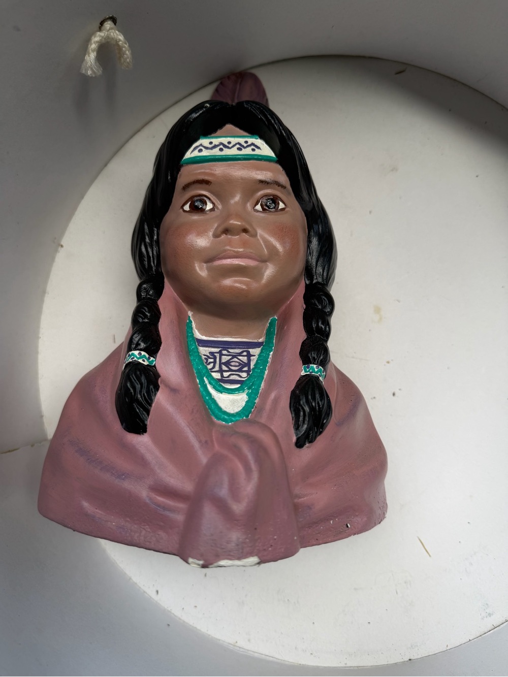 Hand-Painted Ceramic Bust in Mauve and Black with Teal Accents